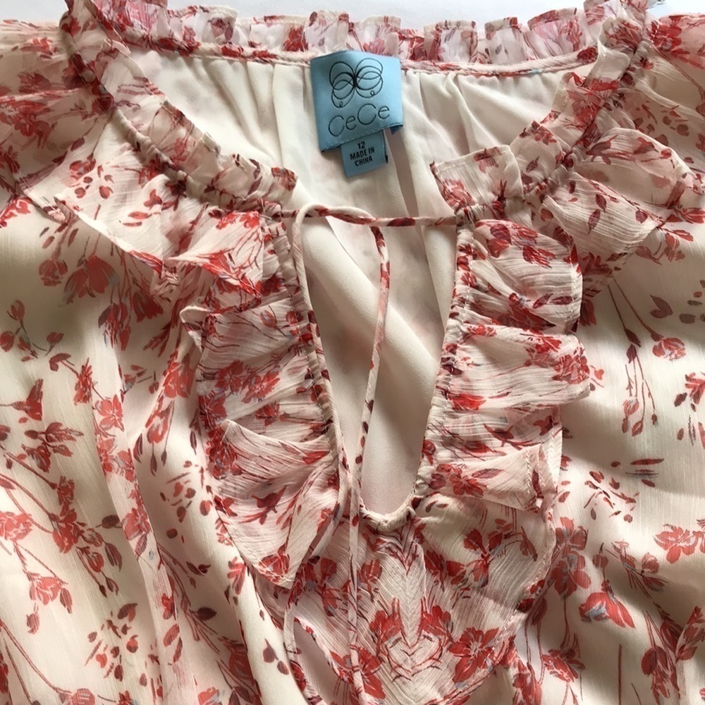 CeCe Floral Chiffon Tie Neck Ruffle Dress Size 12 White Red Sheer Sleeve Wedding - Picture 10 of 17